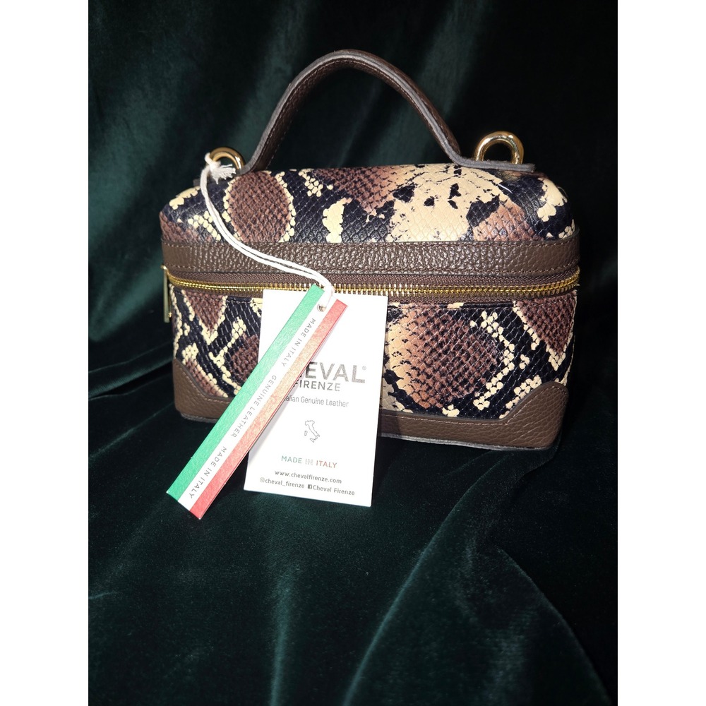 Cheval Firenze Italian Leather Snakeskin Print Vanity Bag Crossbody Brown NEW